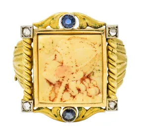 Hindu Sapphire Diamond Carved Bone 22 Karat Gold Lakshmi Goddess Ring