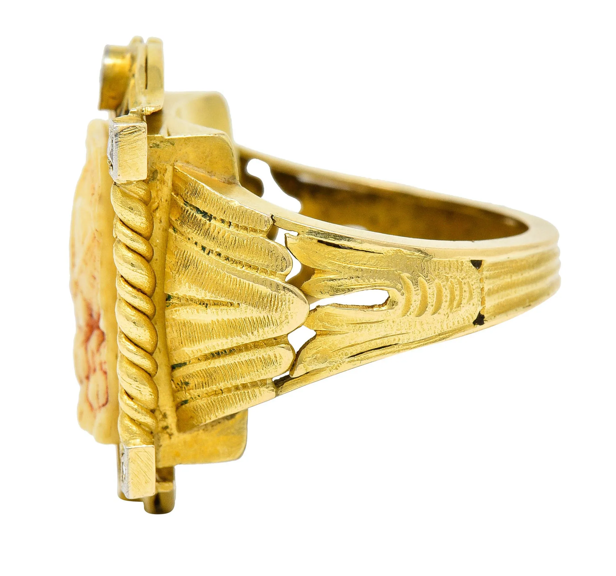 Hindu Sapphire Diamond Carved Bone 22 Karat Gold Lakshmi Goddess Ring