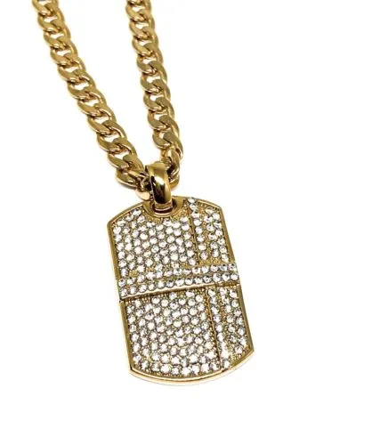 Hip Hop Gold Plated Iced Out CZ Dog Tag Army Pendant 30 Cuban Link Chain 7mm