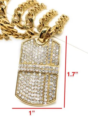 Hip Hop Gold Plated Iced Out CZ Dog Tag Army Pendant 30 Cuban Link Chain 7mm