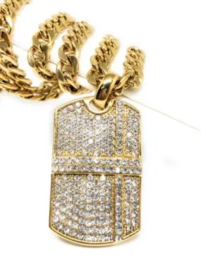 Hip Hop Gold Plated Iced Out CZ Dog Tag Army Pendant 30 Cuban Link Chain 7mm