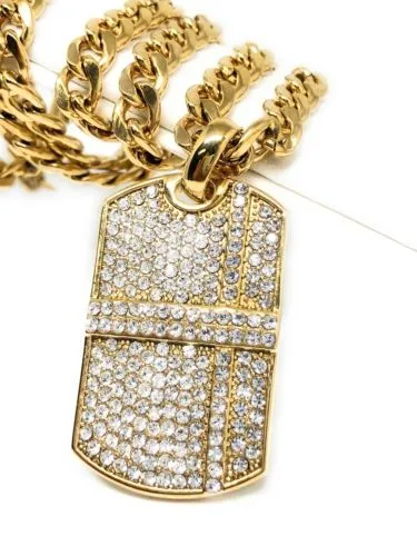 Hip Hop Gold Plated Iced Out CZ Dog Tag Army Pendant 30 Cuban Link Chain 7mm