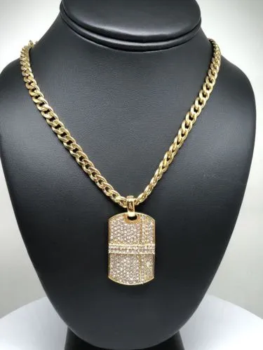 Hip Hop Gold Plated Iced Out CZ Dog Tag Army Pendant 30 Cuban Link Chain 7mm