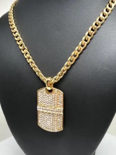 Hip Hop Gold Plated Iced Out CZ Dog Tag Army Pendant 30 Cuban Link Chain 7mm