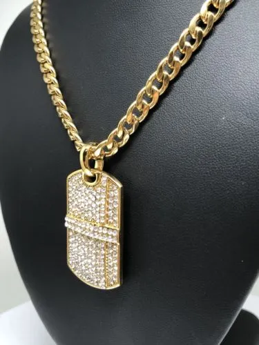 Hip Hop Gold Plated Iced Out CZ Dog Tag Army Pendant 30 Cuban Link Chain 7mm