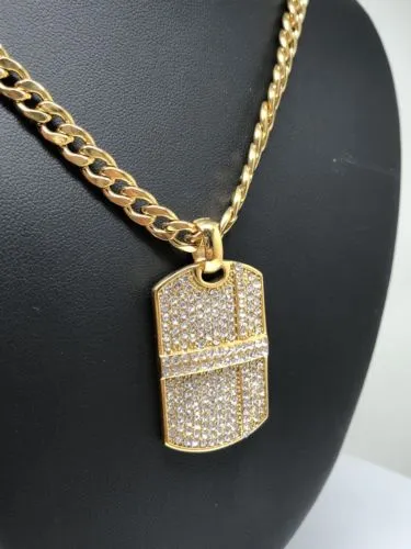 Hip Hop Gold Plated Iced Out CZ Dog Tag Army Pendant 30 Cuban Link Chain 7mm