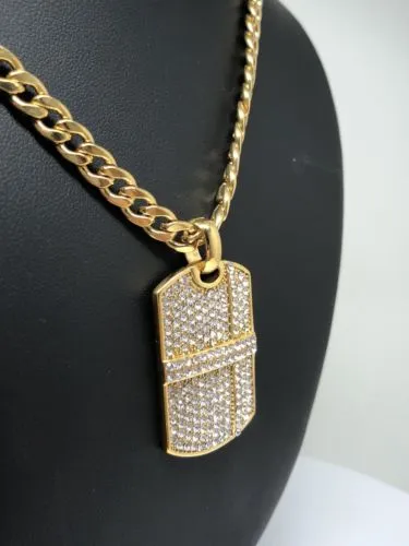 Hip Hop Gold Plated Iced Out CZ Dog Tag Army Pendant 30 Cuban Link Chain 7mm