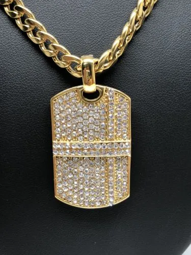 Hip Hop Gold Plated Iced Out CZ Dog Tag Army Pendant 30 Cuban Link Chain 7mm