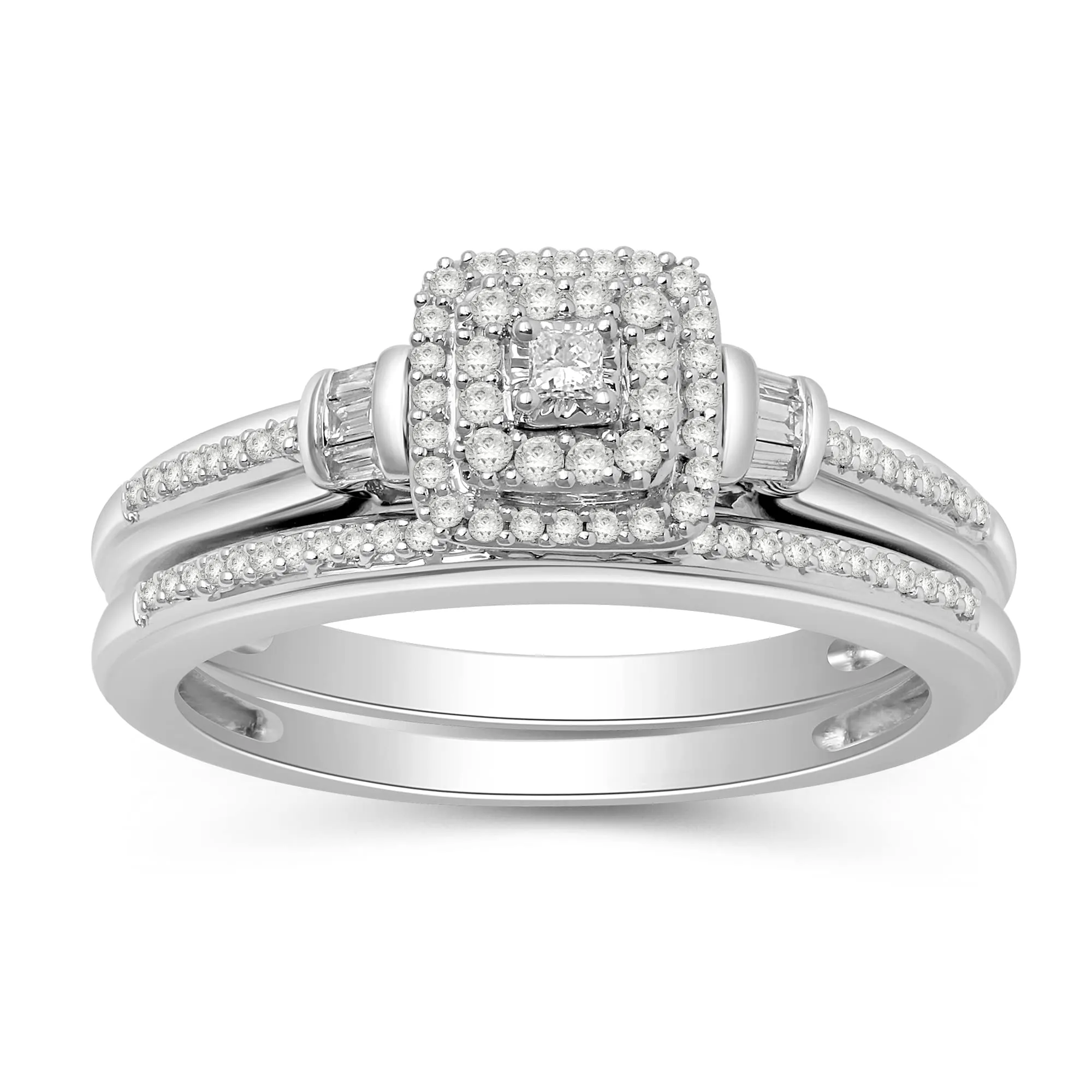 Jewelili 10K White Gold With 1/4 CTTW Princess, Baguette and Round Diamonds Bridal Set