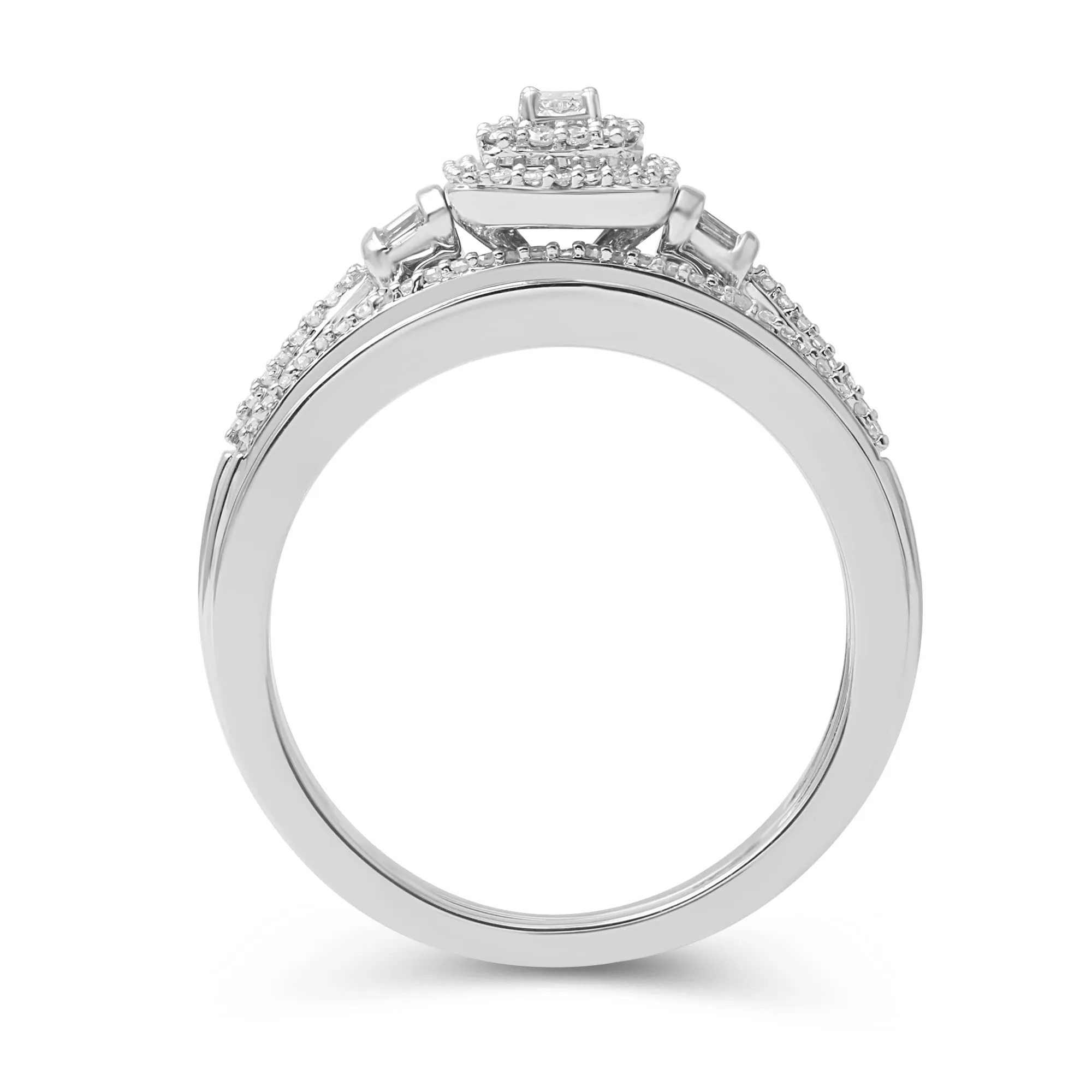 Jewelili 10K White Gold With 1/4 CTTW Princess, Baguette and Round Diamonds Bridal Set