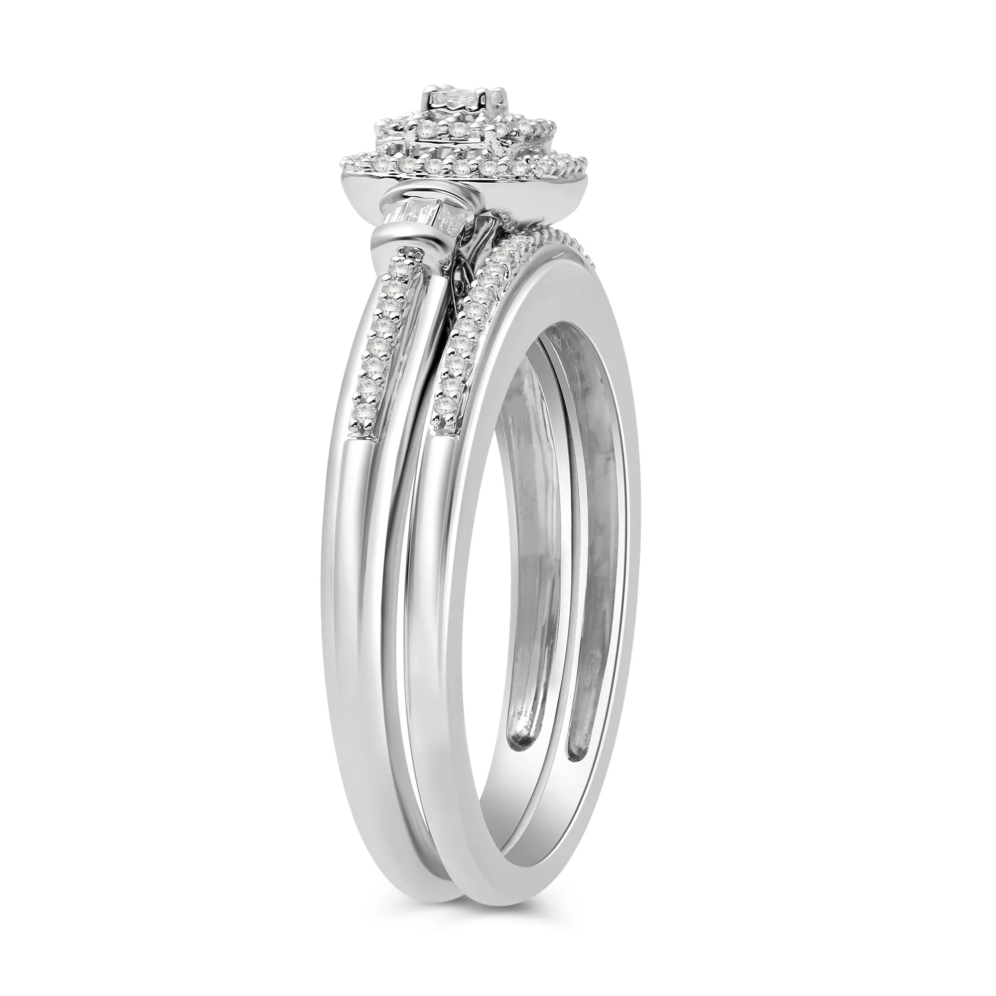 Jewelili 10K White Gold With 1/4 CTTW Princess, Baguette and Round Diamonds Bridal Set