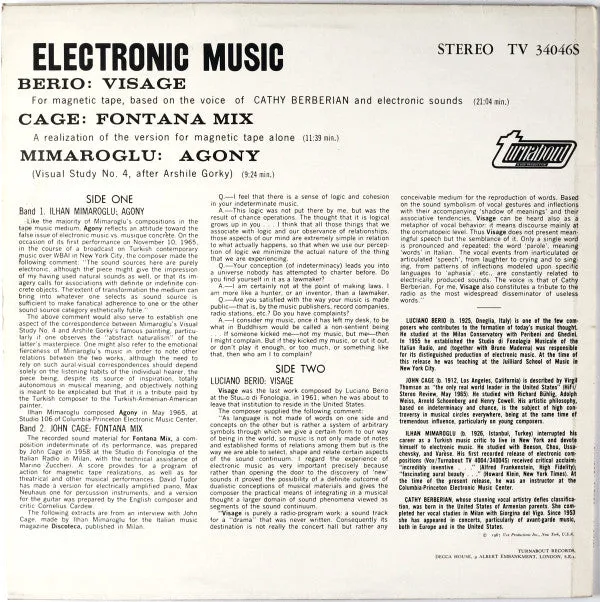 John Cage, Luciano Berio, Ilhan Mimaroglu ~ Electronic Music