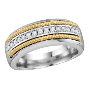 Keene Jewelers 10kt White Gold Mens Round Pave-set Diamond Yellow-tone Rope Wedding Band 1/3 Cttw