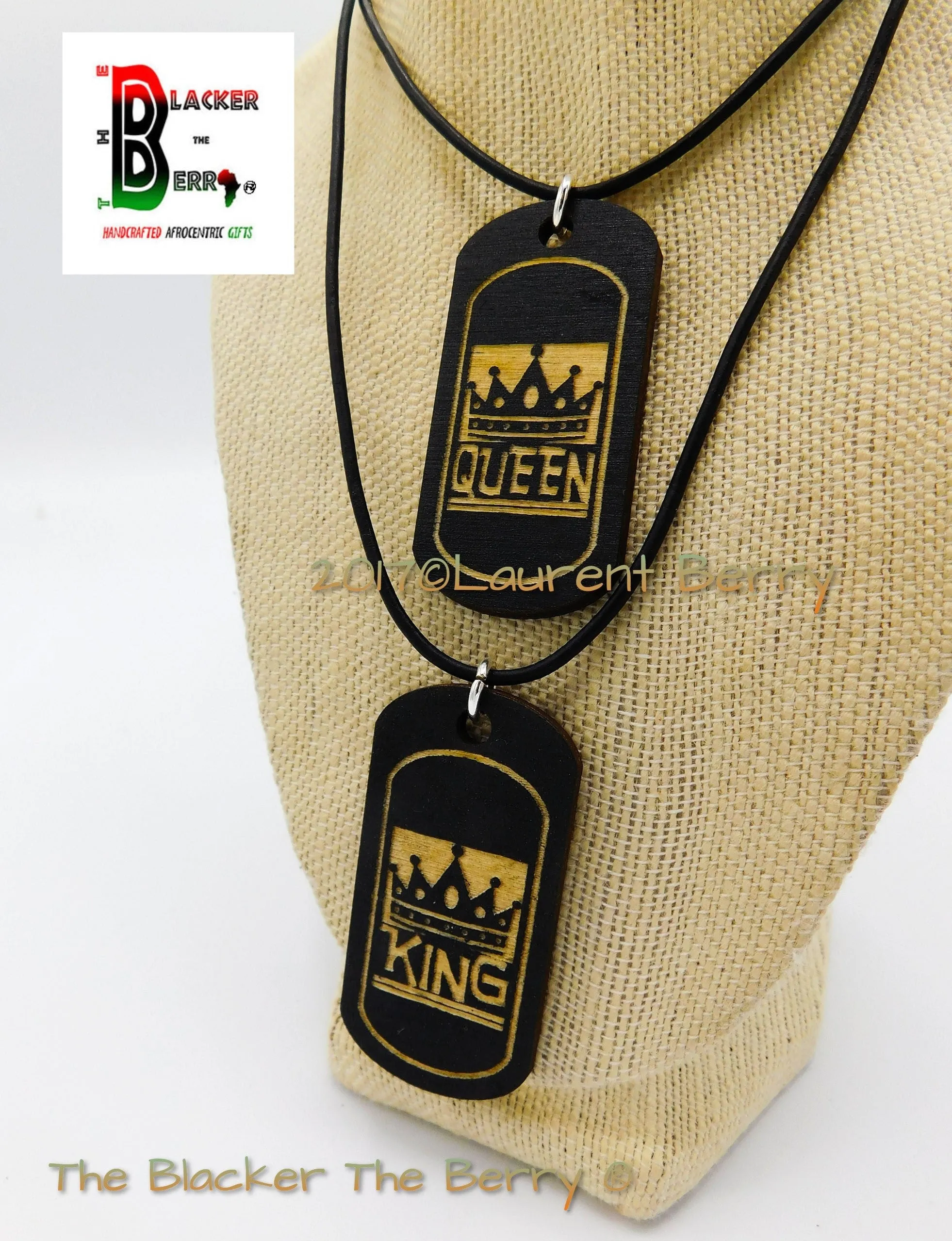 King & Queen Necklaces Wooden Dog Tags Handmade by The Blacker The Berry 