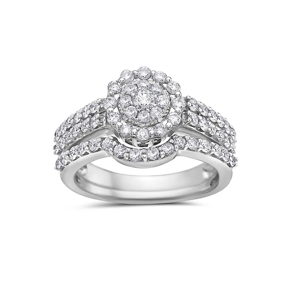 Ladies 14k White Gold Halo With 1.40 CT Bridal Set