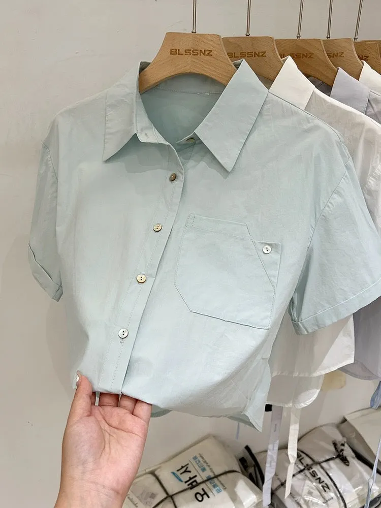 Lake blue short-sleeved right shoulder Polo collar shirt summer 2024 new style small fresh design simple loose shirt