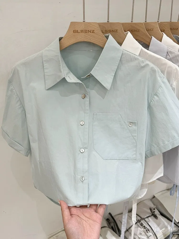 Lake blue short-sleeved right shoulder Polo collar shirt summer 2024 new style small fresh design simple loose shirt