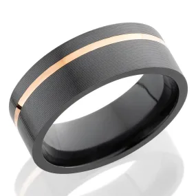 Lashbrook 8mm Black Zirconium Men's Flat Wedding Band Ring Rose Gold Inlay