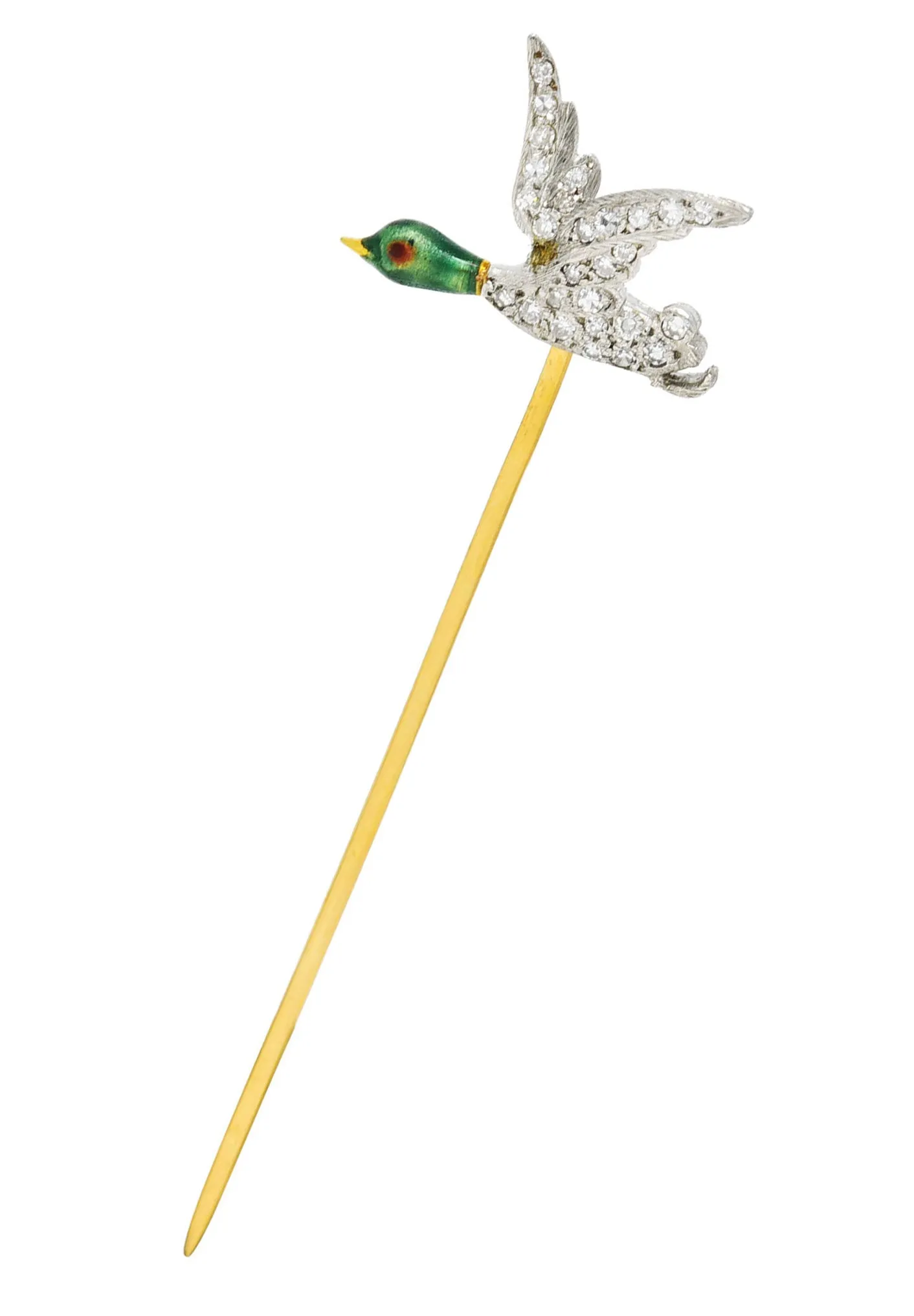 Mcteigue Vintage Diamond Enamel Platinum 18 Karat Gold Mallard Duck Stickpin