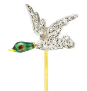 Mcteigue Vintage Diamond Enamel Platinum 18 Karat Gold Mallard Duck Stickpin