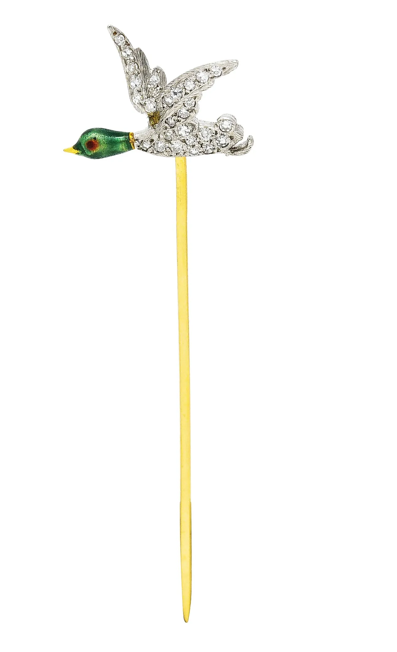 Mcteigue Vintage Diamond Enamel Platinum 18 Karat Gold Mallard Duck Stickpin