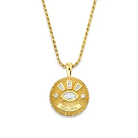 Medium Diamond Angel Eye Coin Necklace w/ Tapered Baguettes