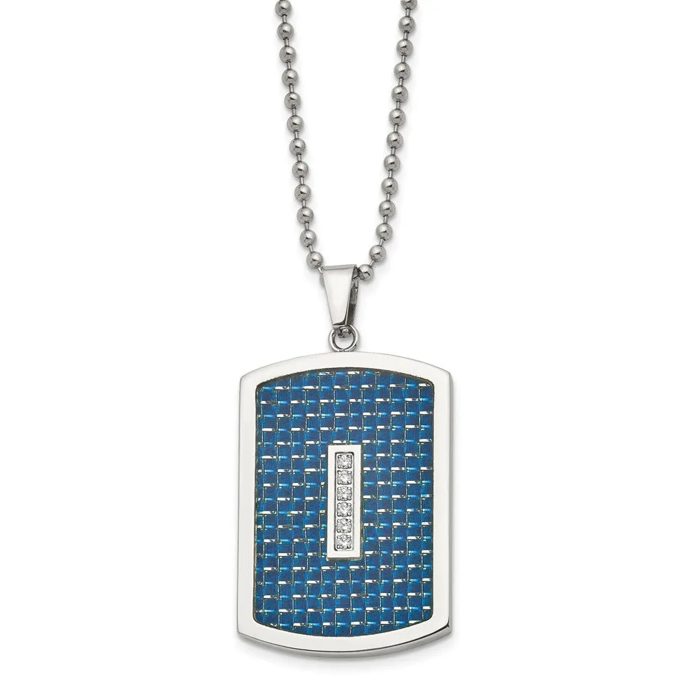 Mens Stainless Steel, CZ & Blue Carbon Fiber Dog Tag Necklace, 22 Inch