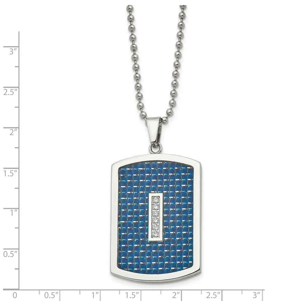 Mens Stainless Steel, CZ & Blue Carbon Fiber Dog Tag Necklace, 22 Inch