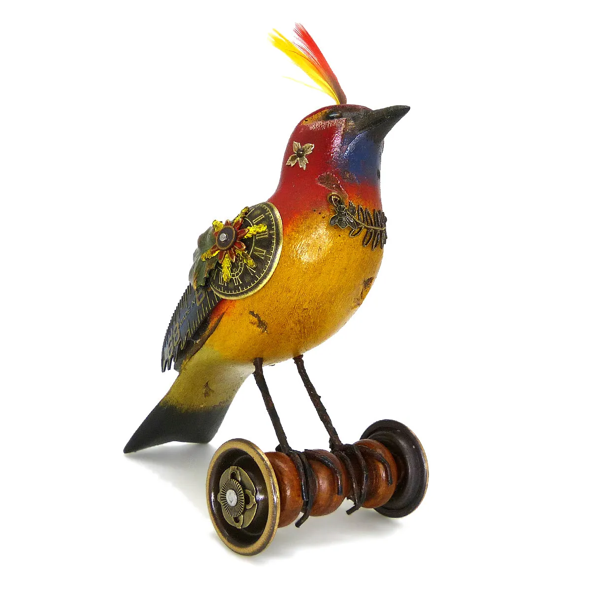 Mullanium Red Yellow Bird on Wheels Artists Jim Tori Mullan Steampunk Handmade