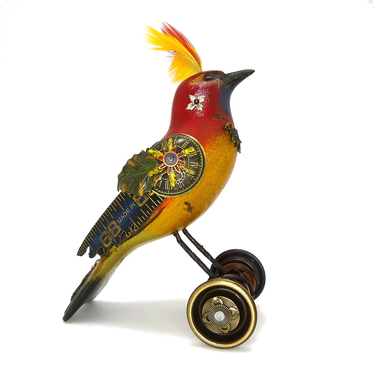 Mullanium Red Yellow Bird on Wheels Artists Jim Tori Mullan Steampunk Handmade