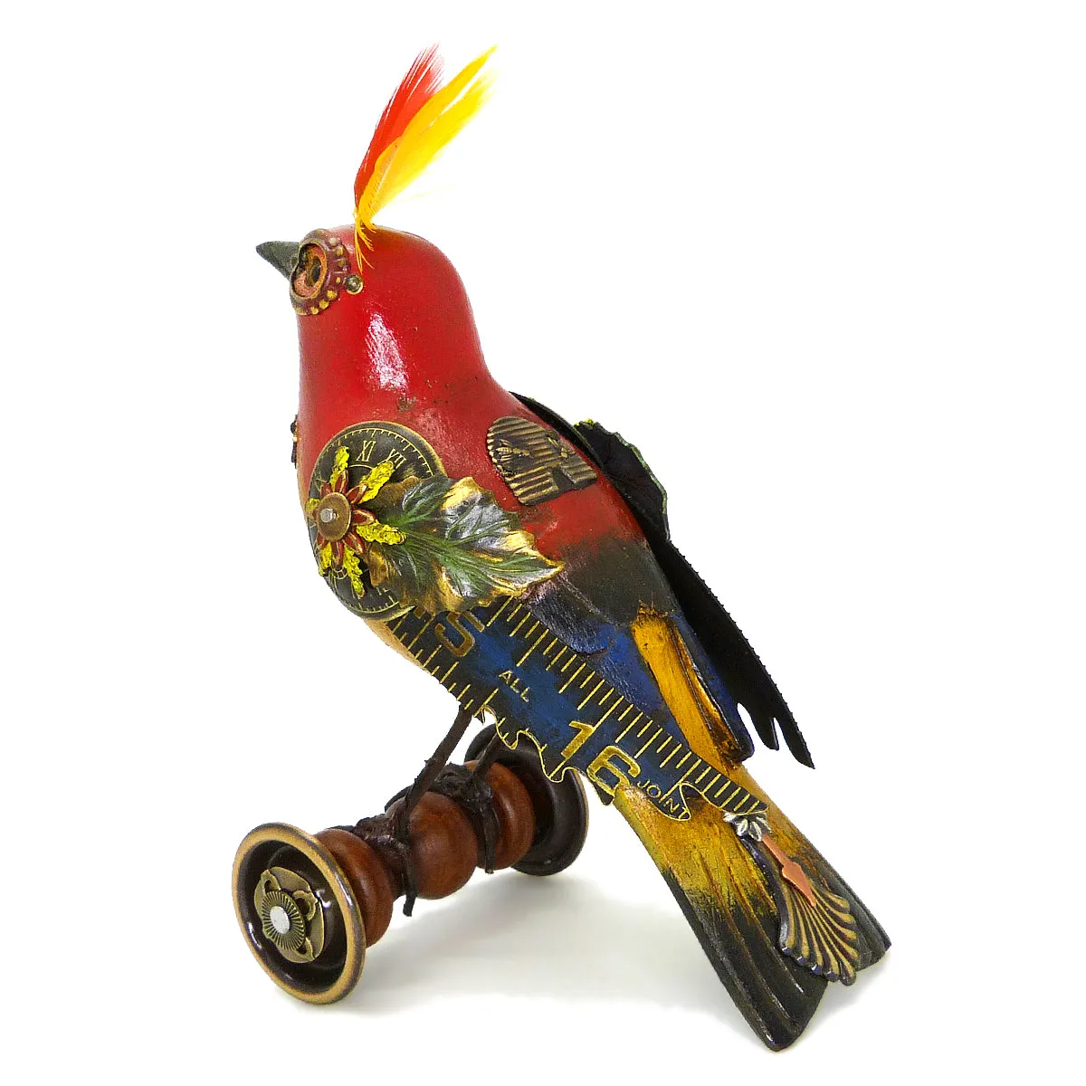 Mullanium Red Yellow Bird on Wheels Artists Jim Tori Mullan Steampunk Handmade