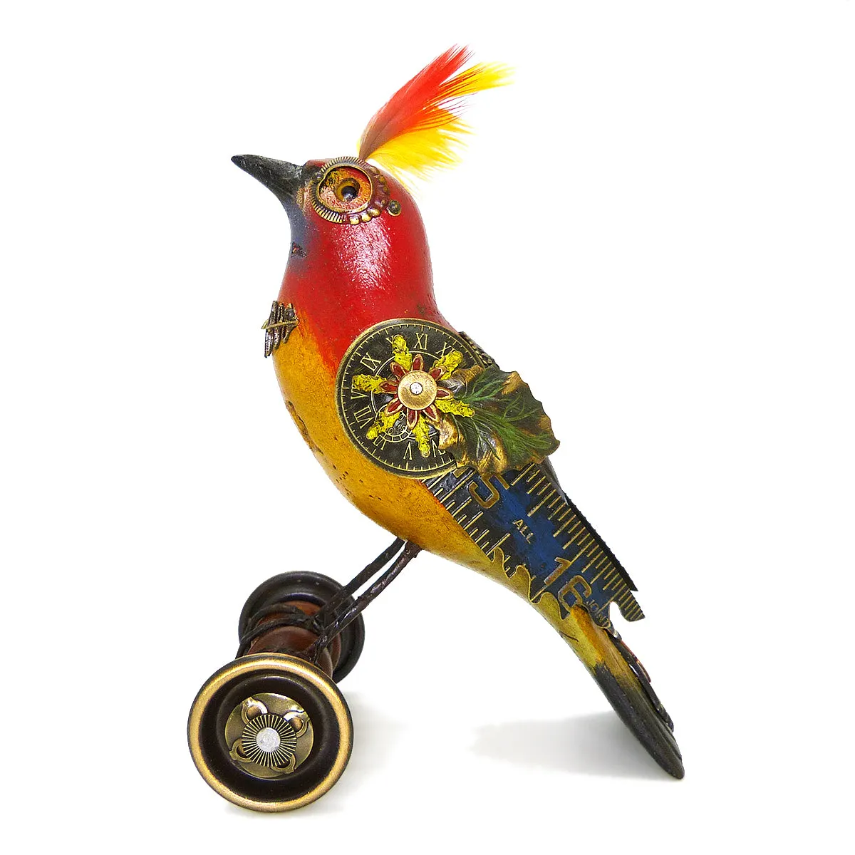 Mullanium Red Yellow Bird on Wheels Artists Jim Tori Mullan Steampunk Handmade