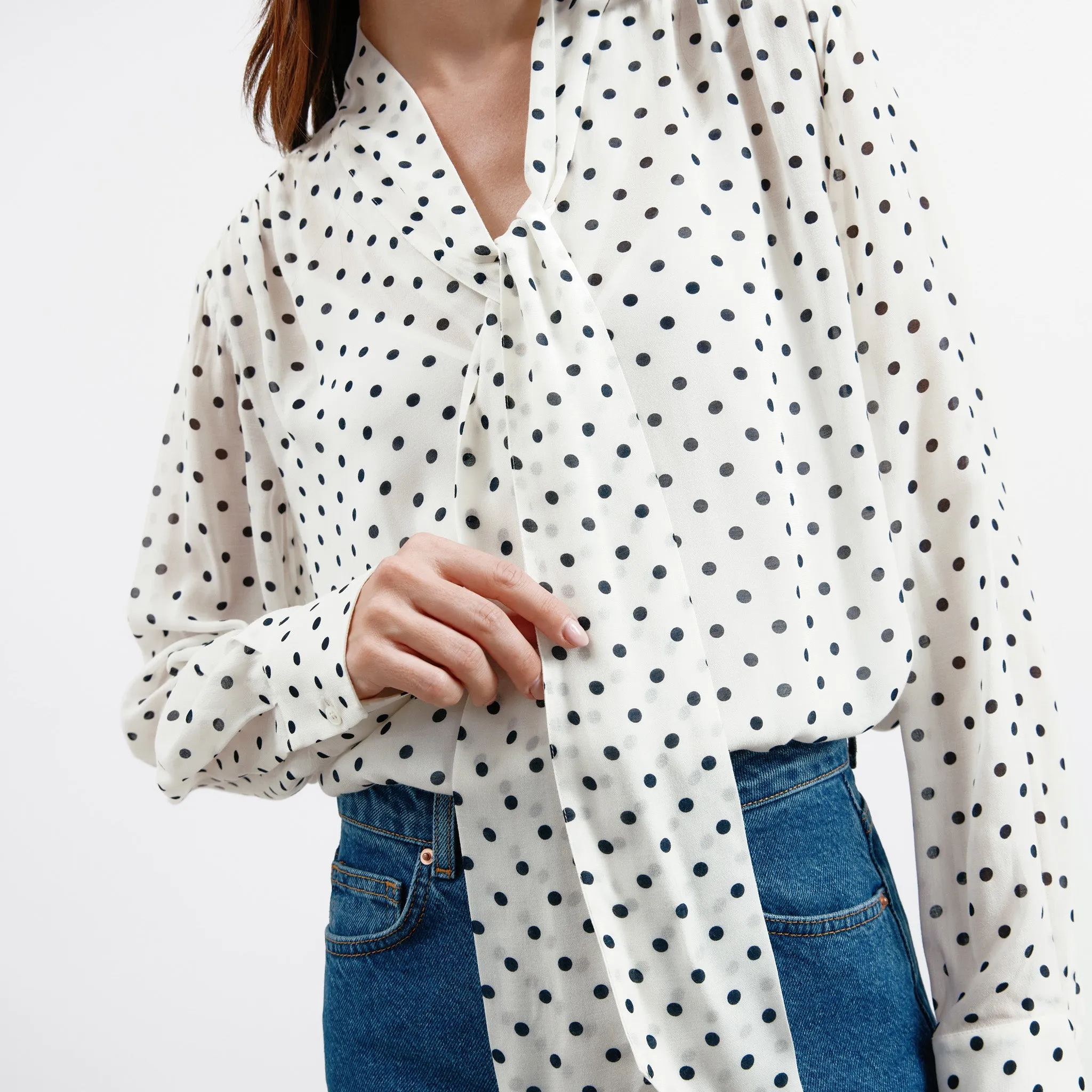 Navy Spot Long Sleeve Tie Top