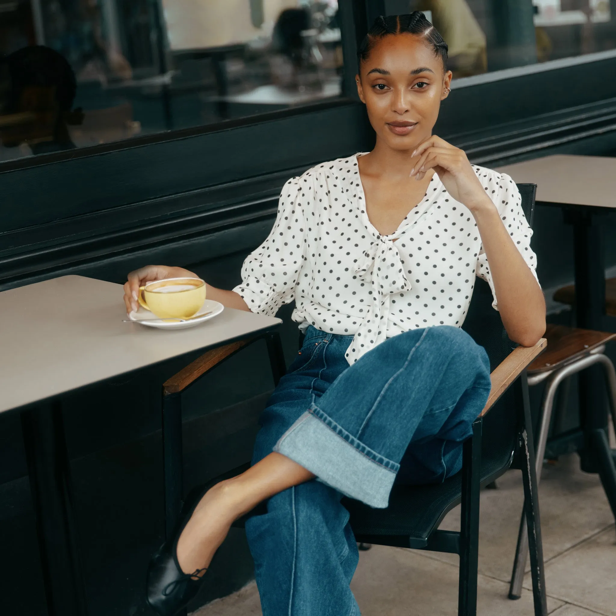 Navy Spot Short Sleeve Tie Top