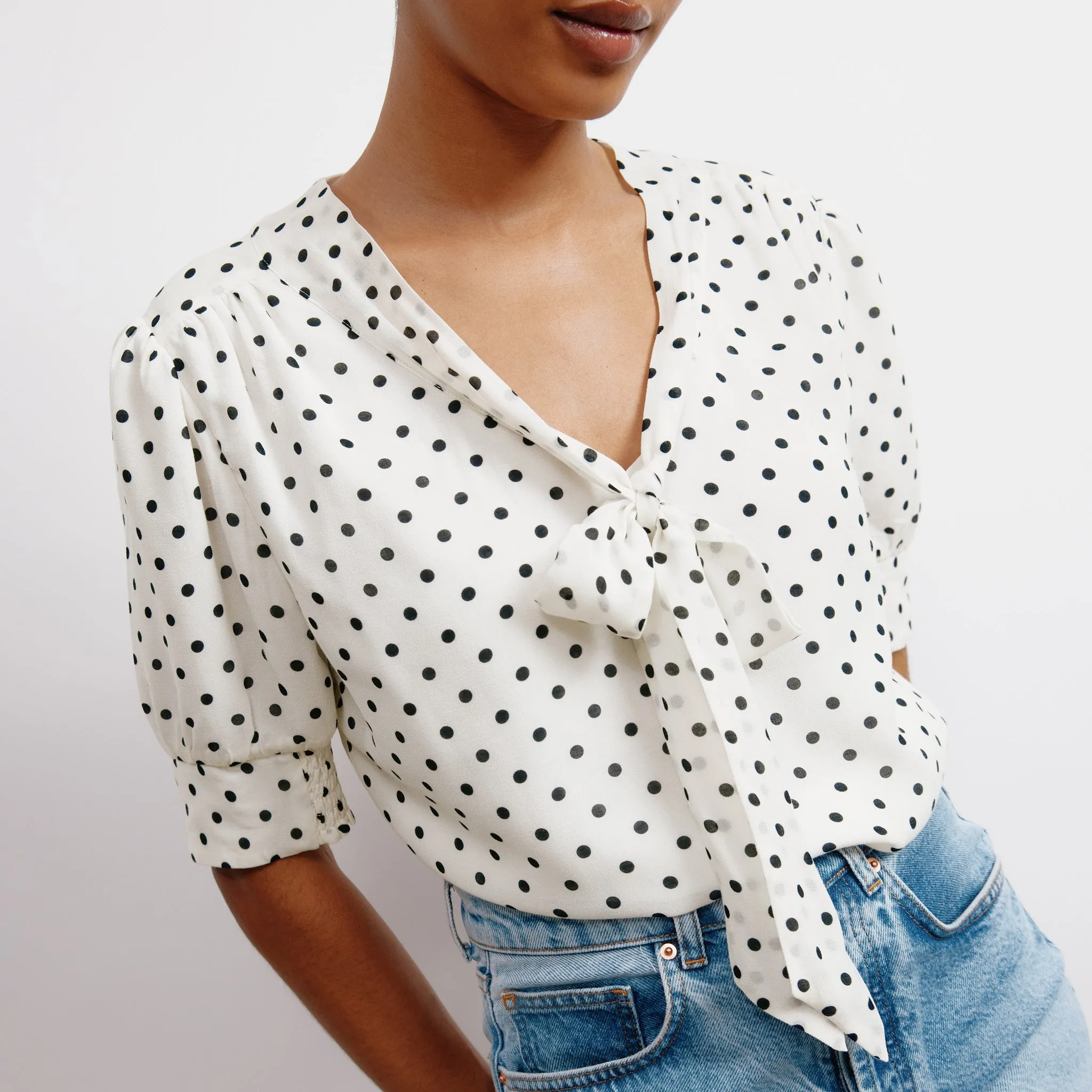 Navy Spot Short Sleeve Tie Top