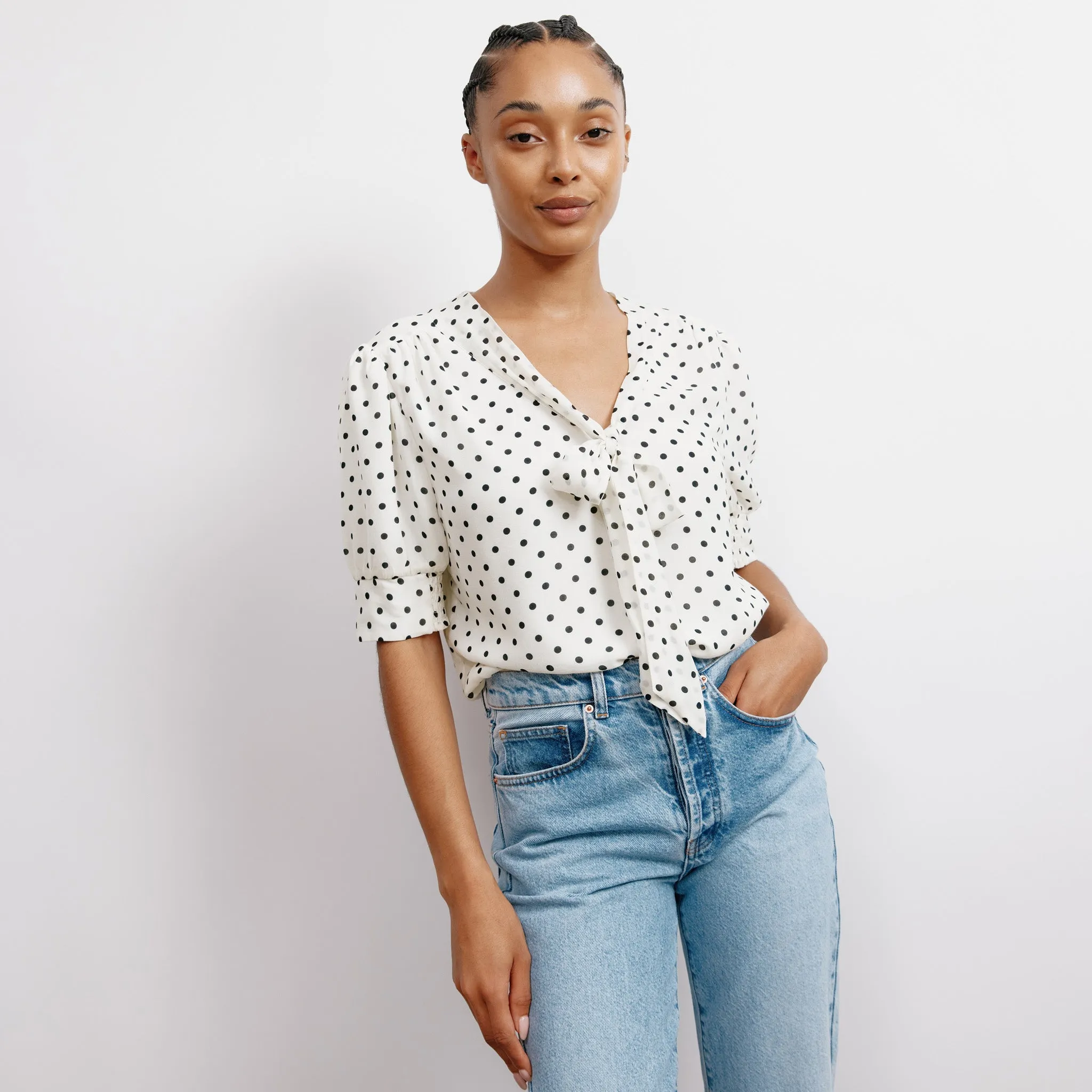 Navy Spot Short Sleeve Tie Top