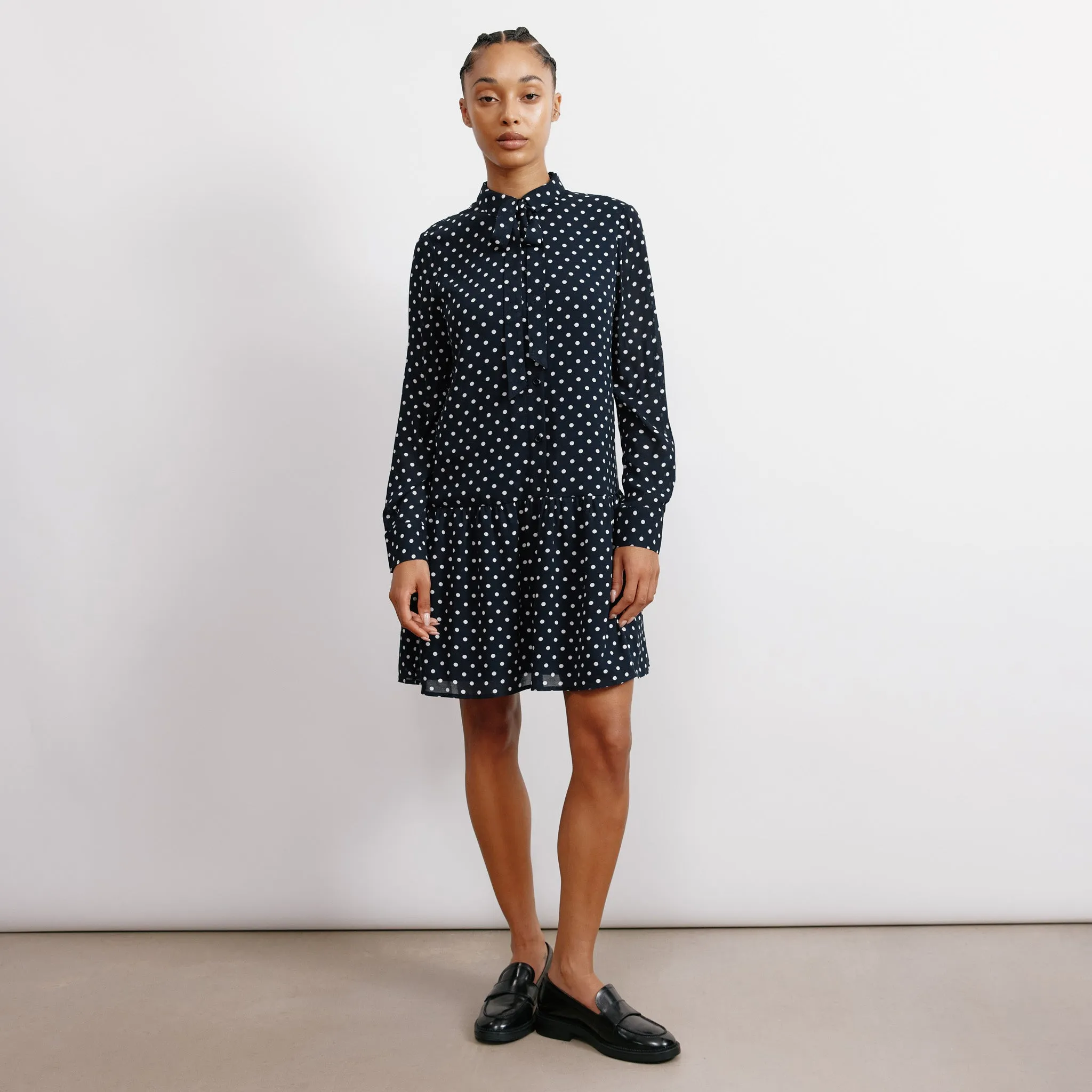 Navy Spot Tie Neck Dress