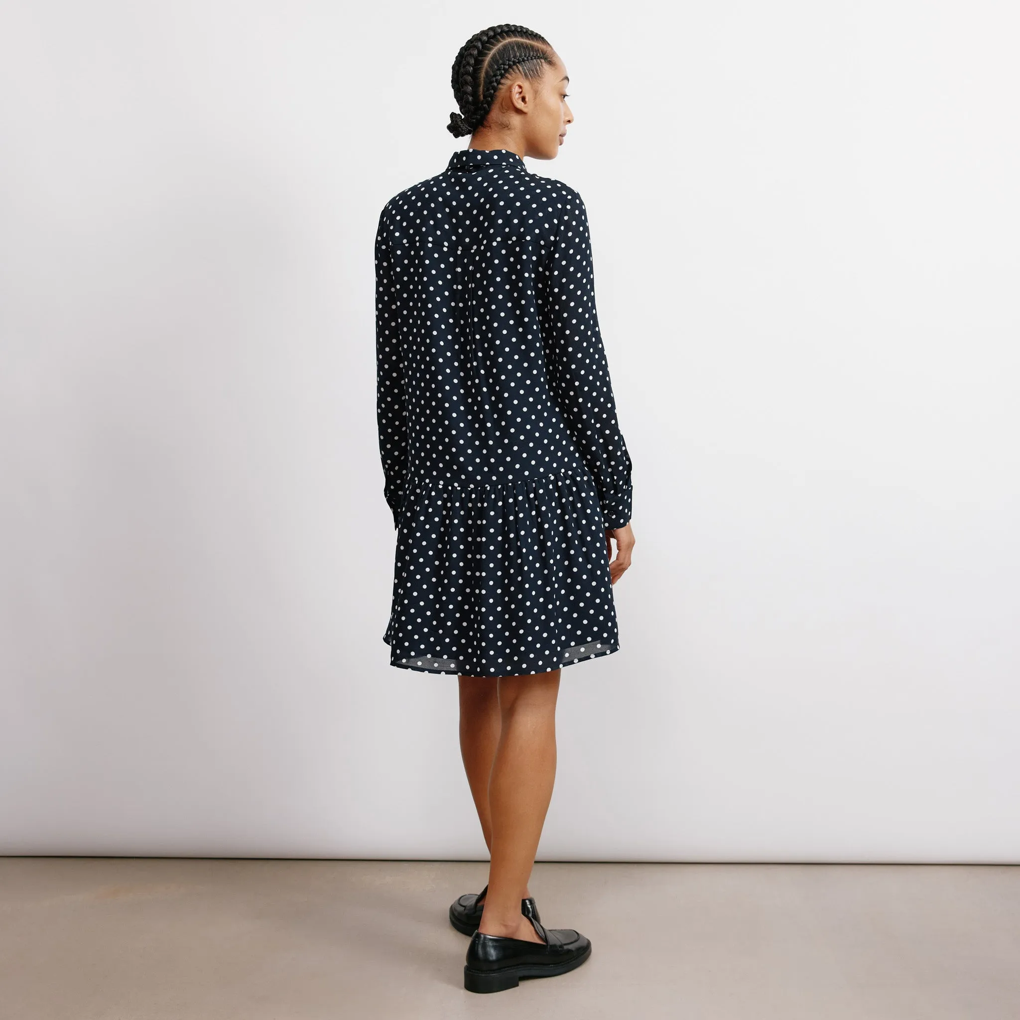 Navy Spot Tie Neck Dress