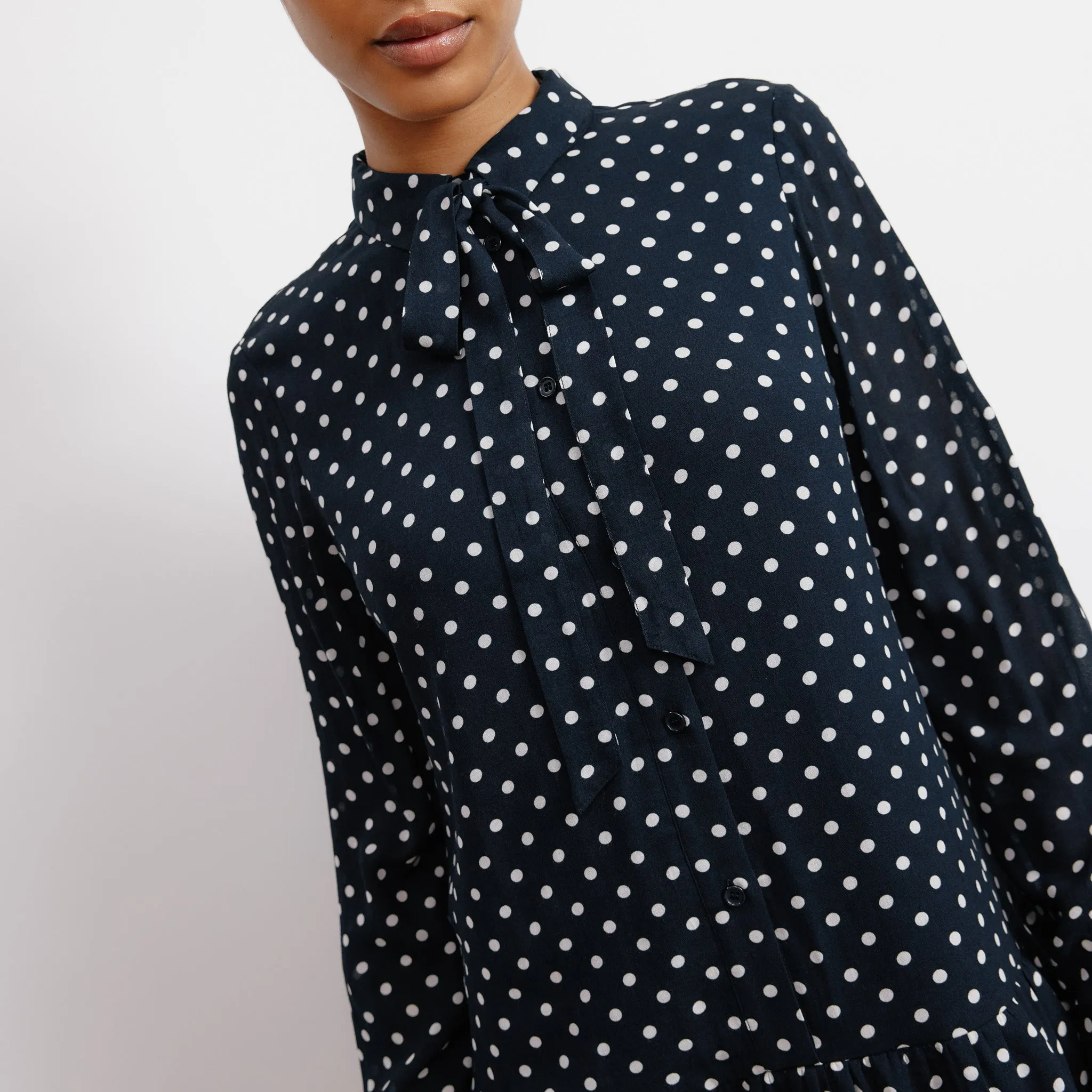 Navy Spot Tie Neck Dress