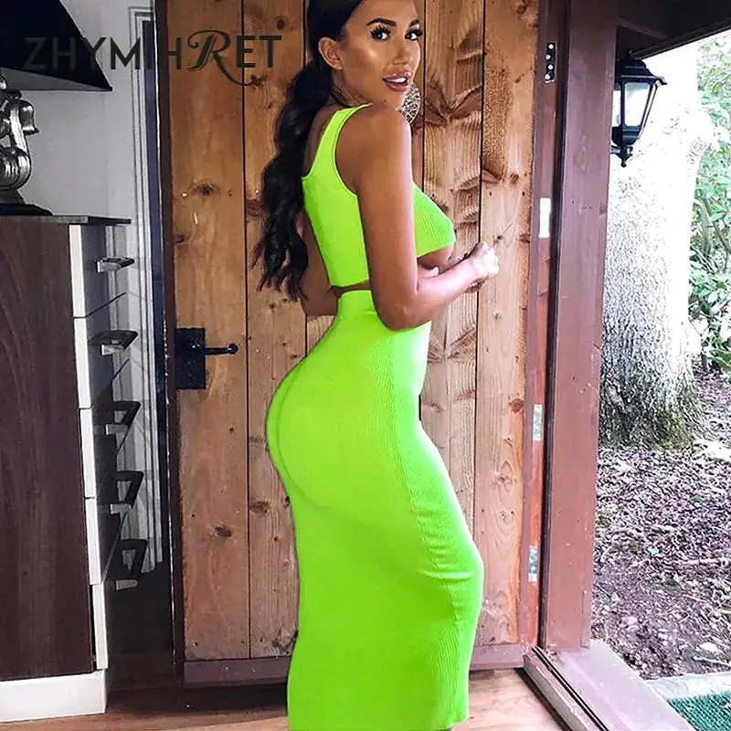 Neon Color Sexy Ribbed Dress Set