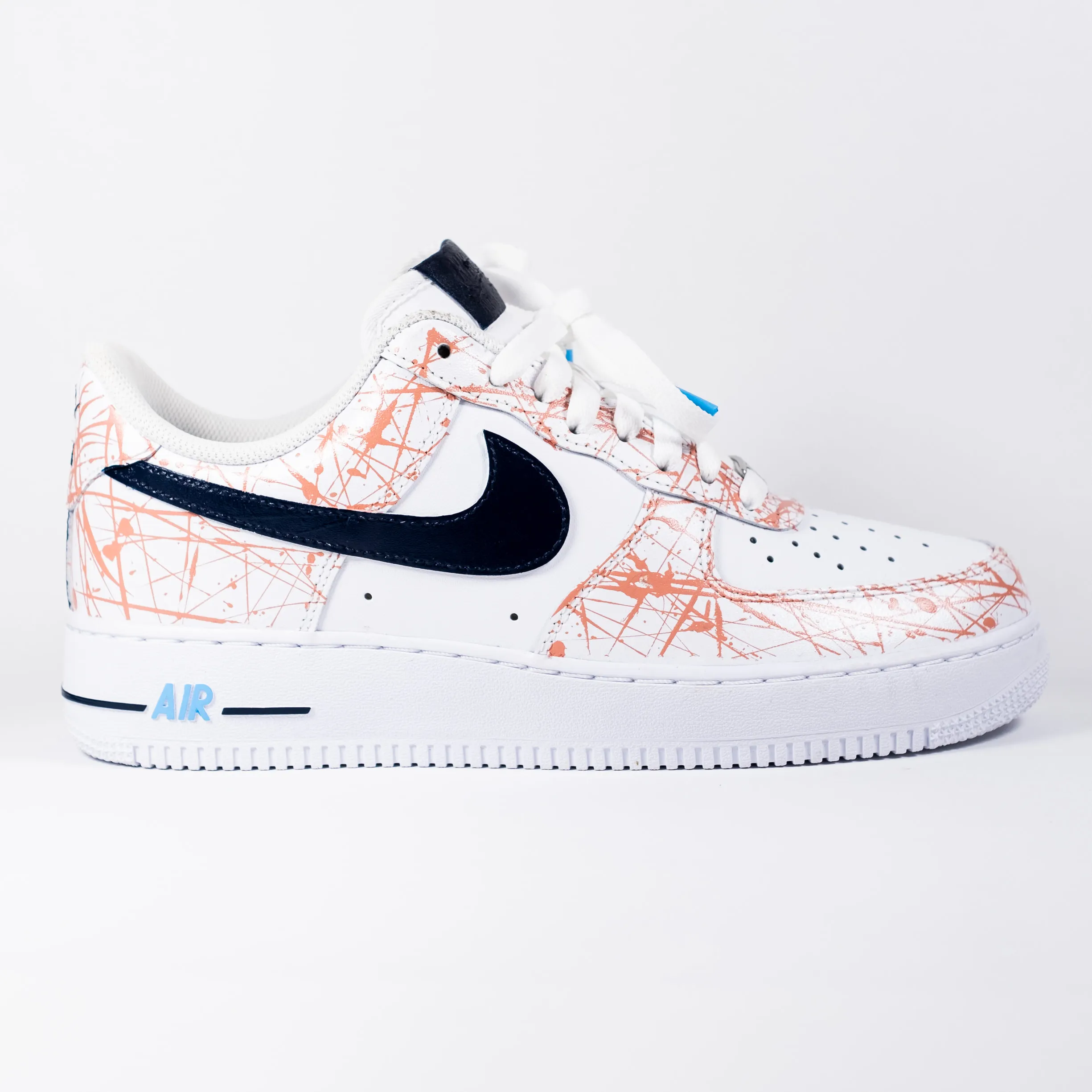 Nike Air Force 1 White Custom 'Salmon Splattered Navy Swoosh' Edition