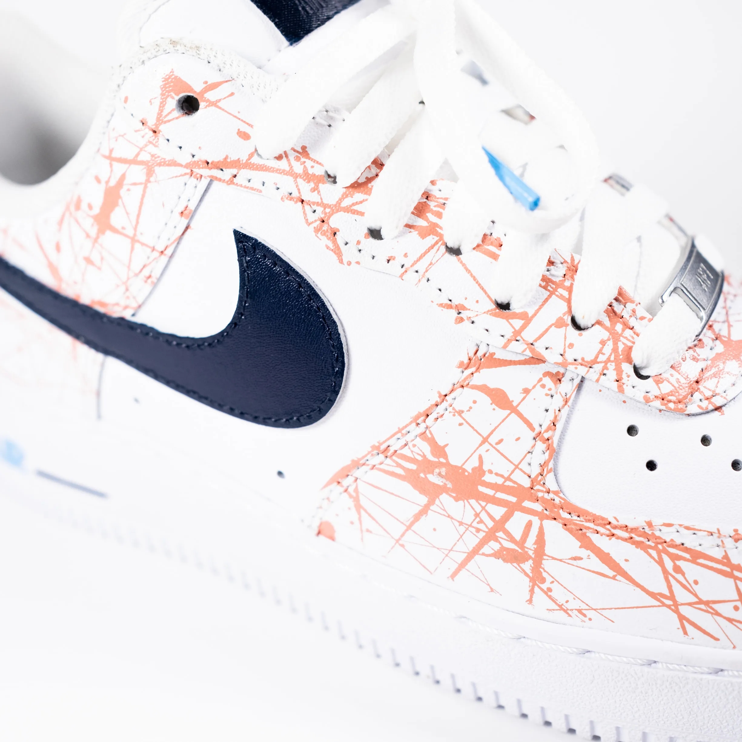 Nike Air Force 1 White Custom 'Salmon Splattered Navy Swoosh' Edition