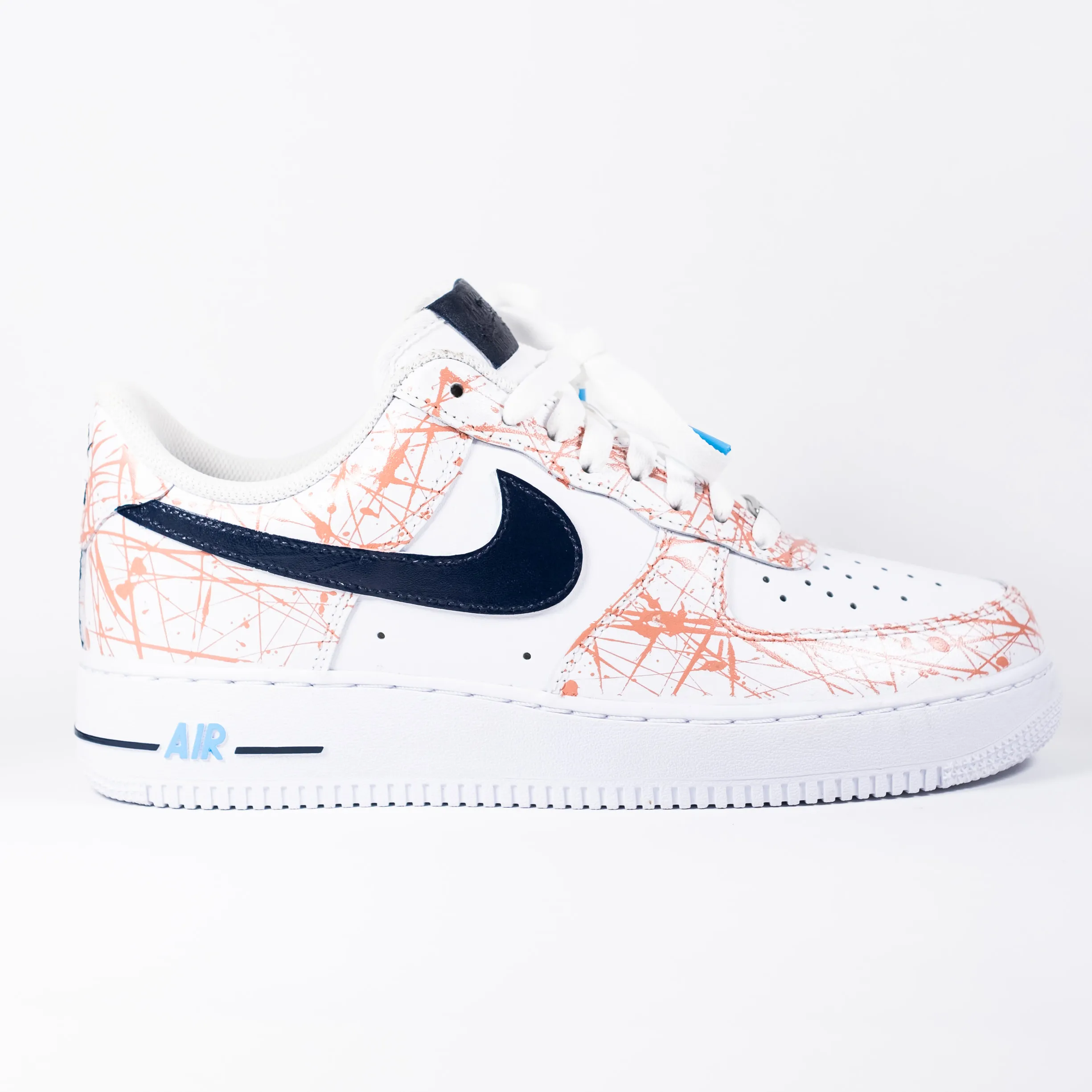 Nike Air Force 1 White Custom 'Salmon Splattered Navy Swoosh' Edition