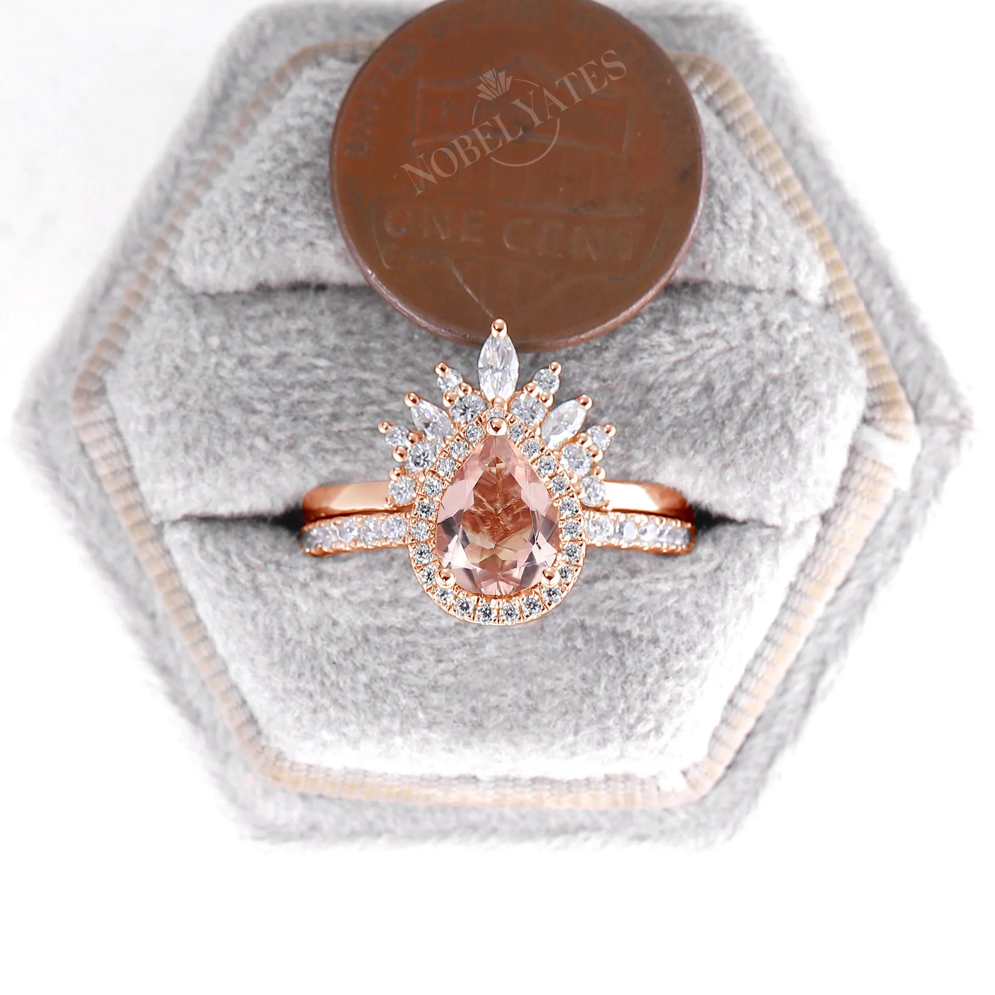 Orange Pink Morganite Bridal Set Rose Gold Curved Wedding Band