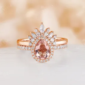 Orange Pink Morganite Bridal Set Rose Gold Curved Wedding Band