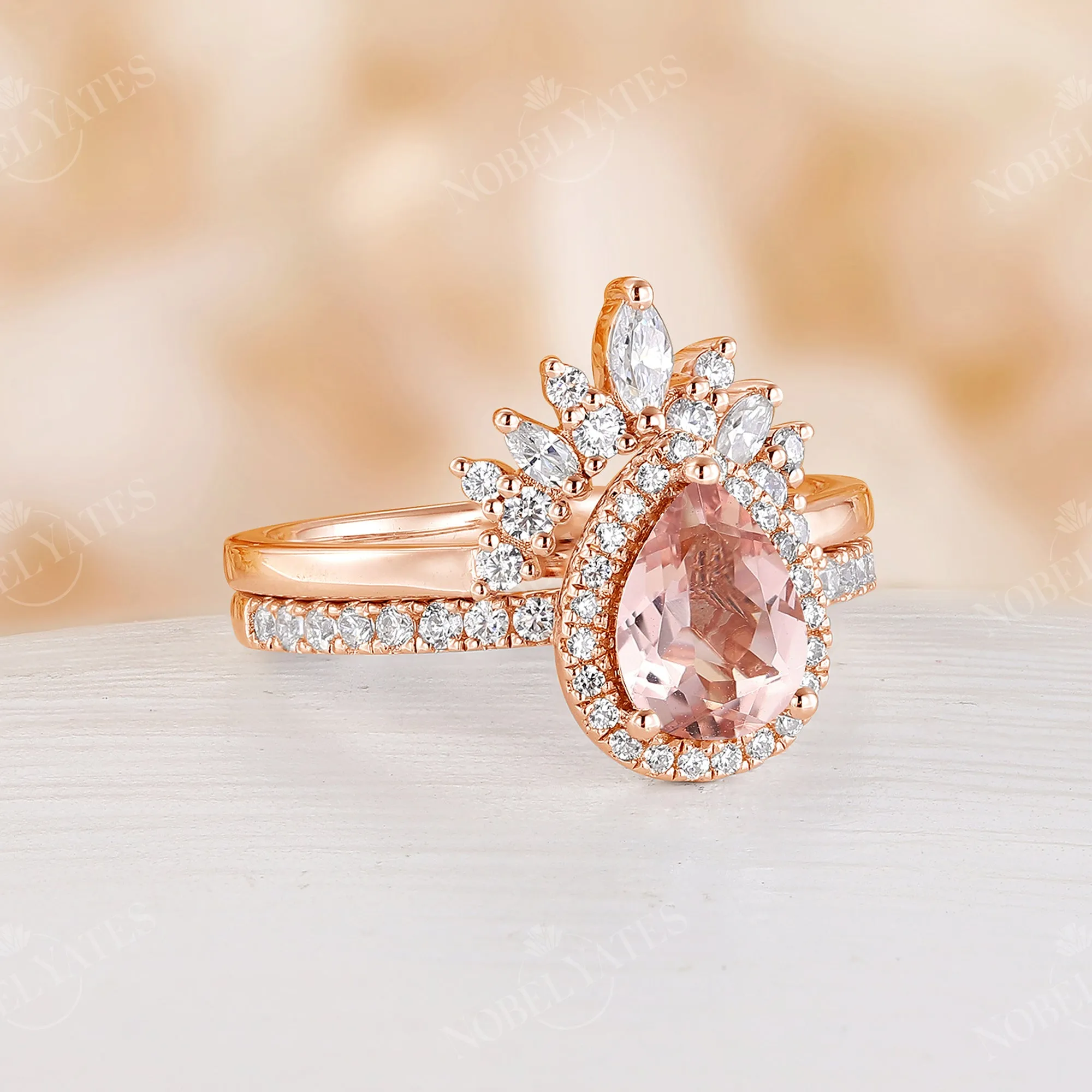 Orange Pink Morganite Bridal Set Rose Gold Curved Wedding Band