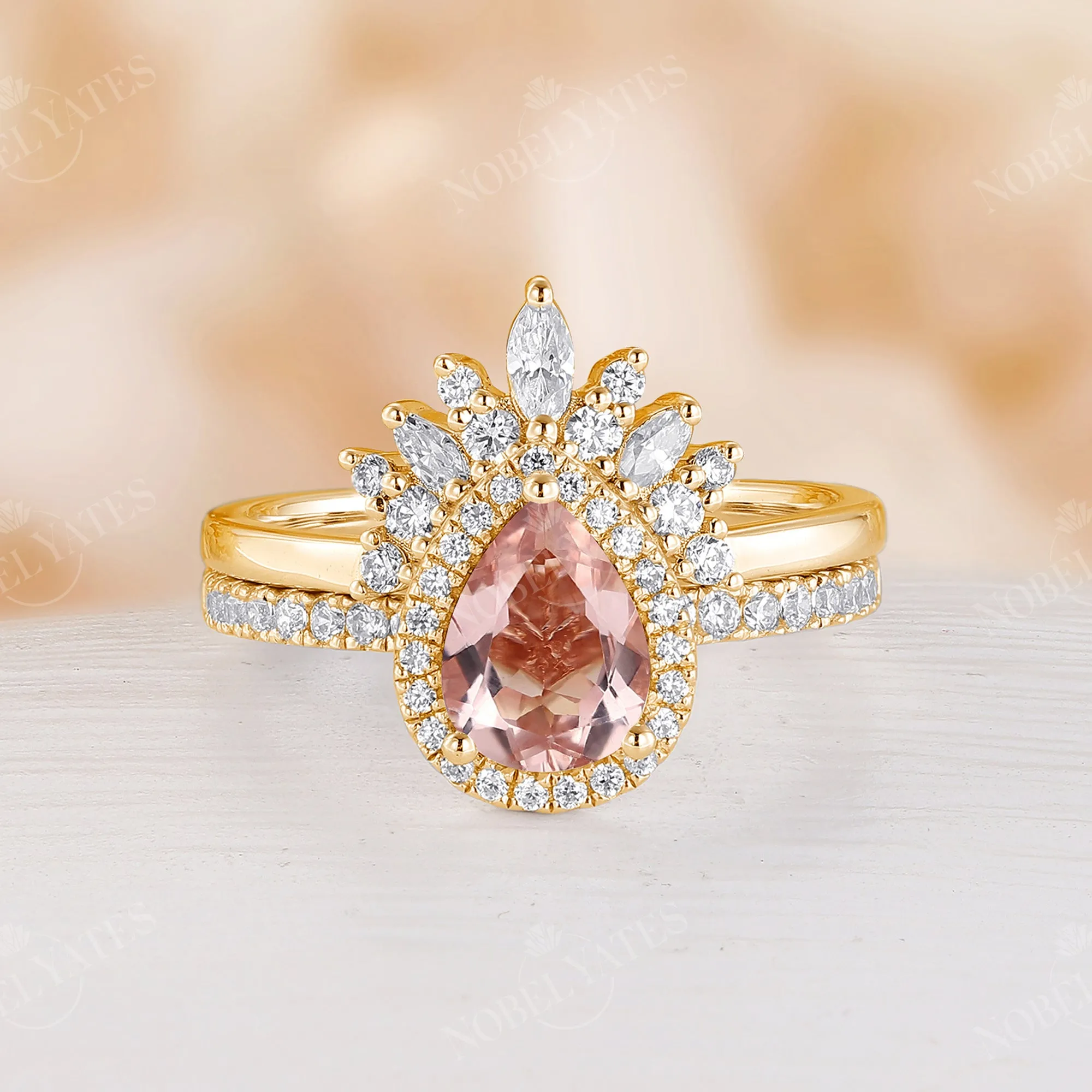 Orange Pink Morganite Bridal Set Rose Gold Curved Wedding Band