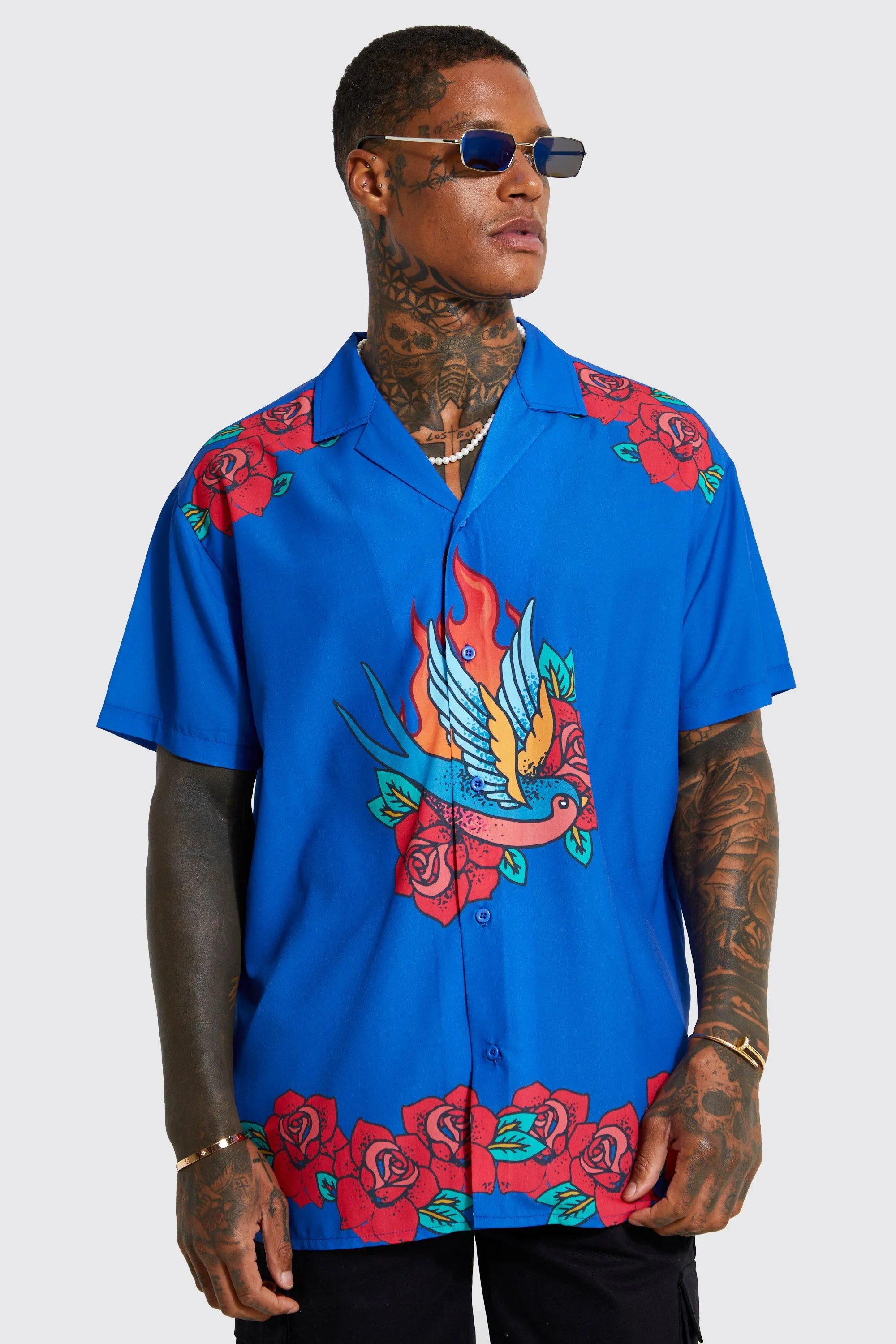 Oversized Short Sleeve Revere Bird Shirt