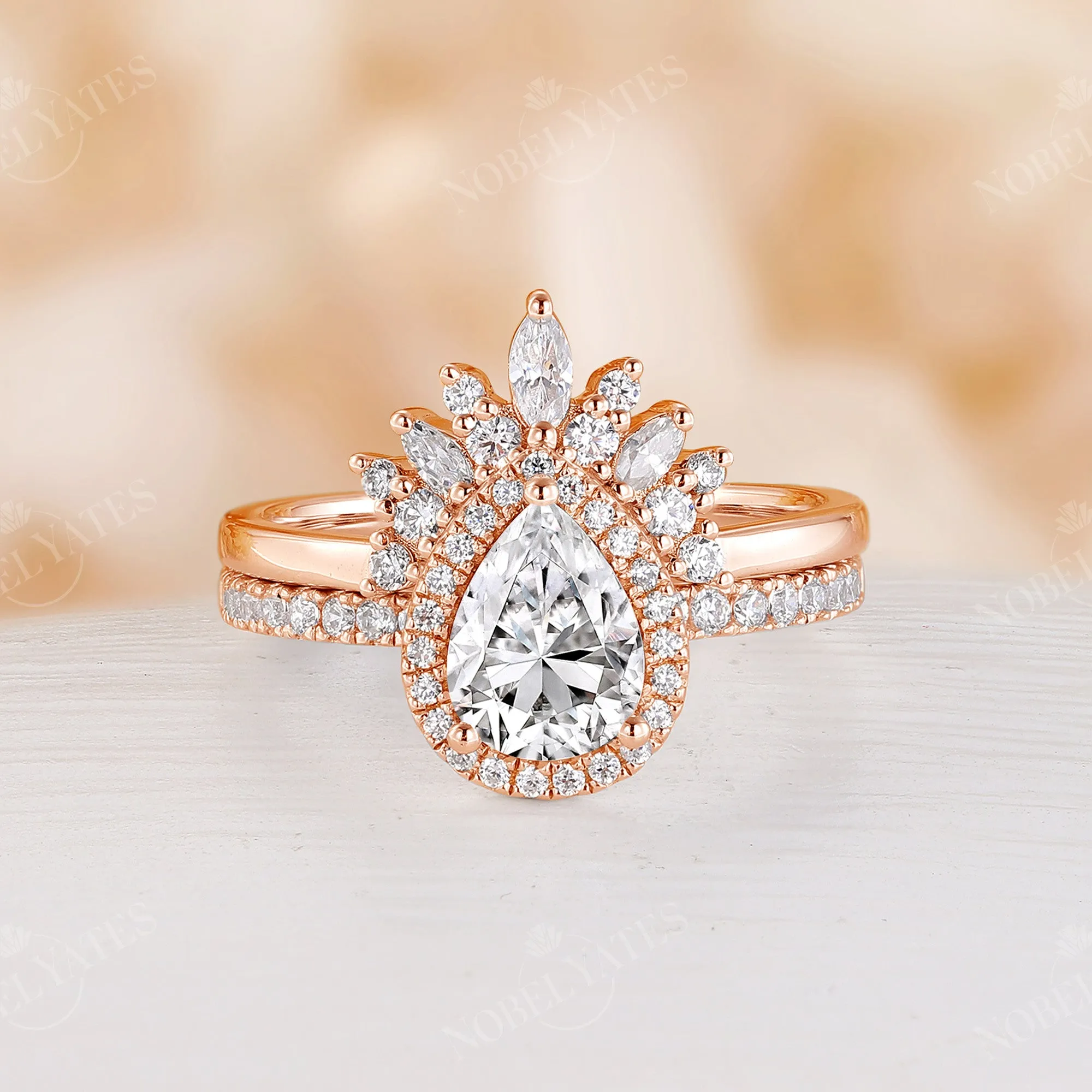 Pear Halo Moissanite Bridal Set Rose Gold Curved Wedding Band