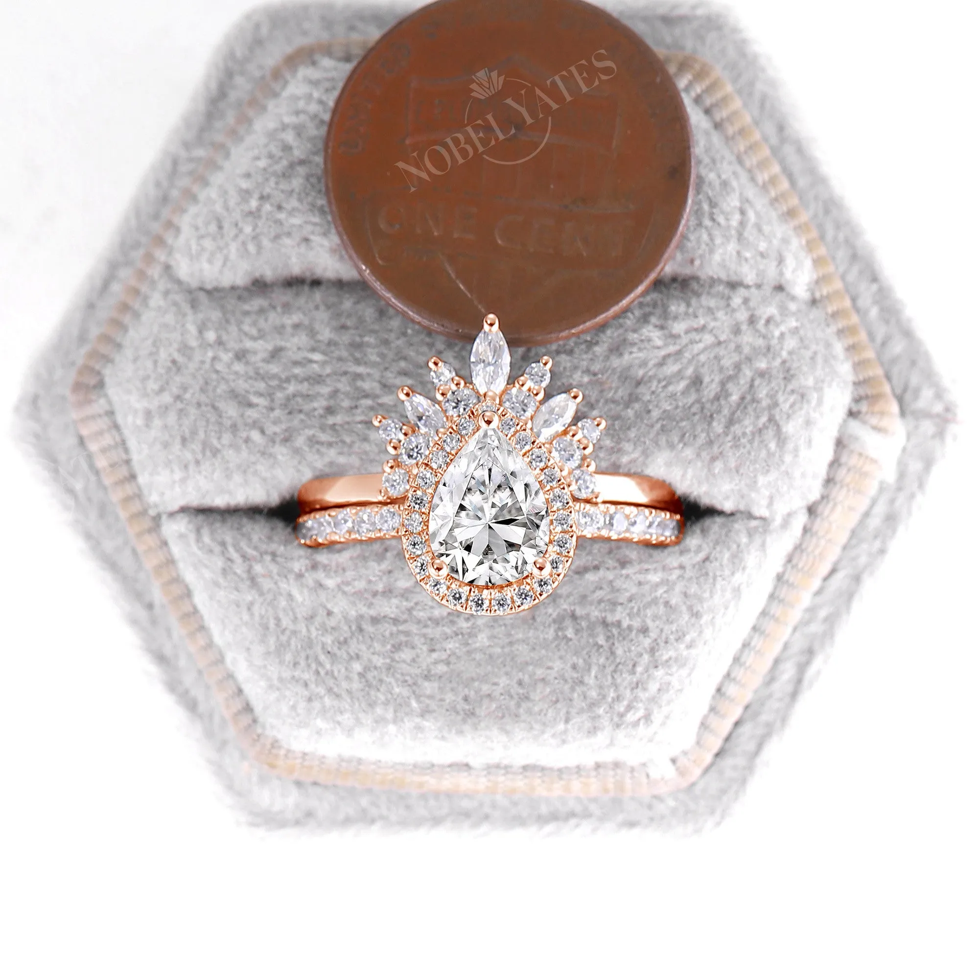 Pear Halo Moissanite Bridal Set Rose Gold Curved Wedding Band